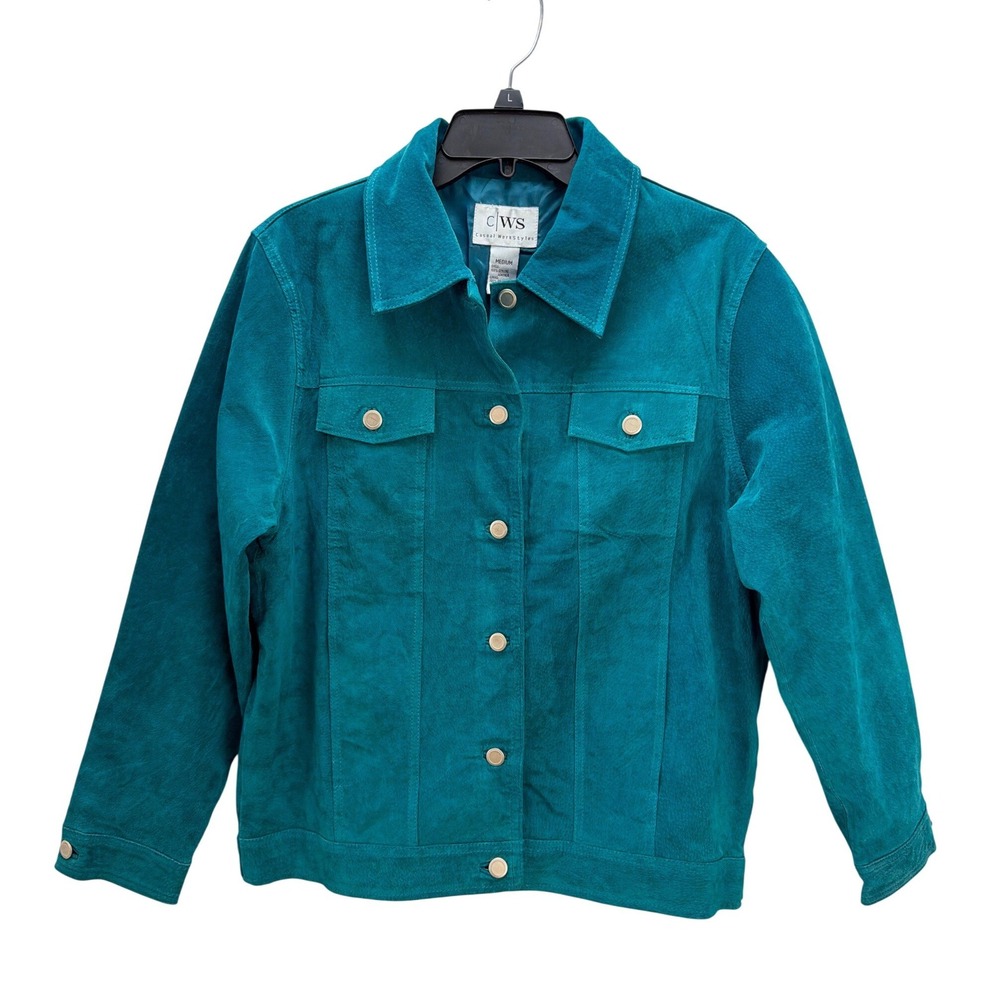 Vtg Casual Workstyles Turquoise 100% Leather Button Jacket M Pockets‎